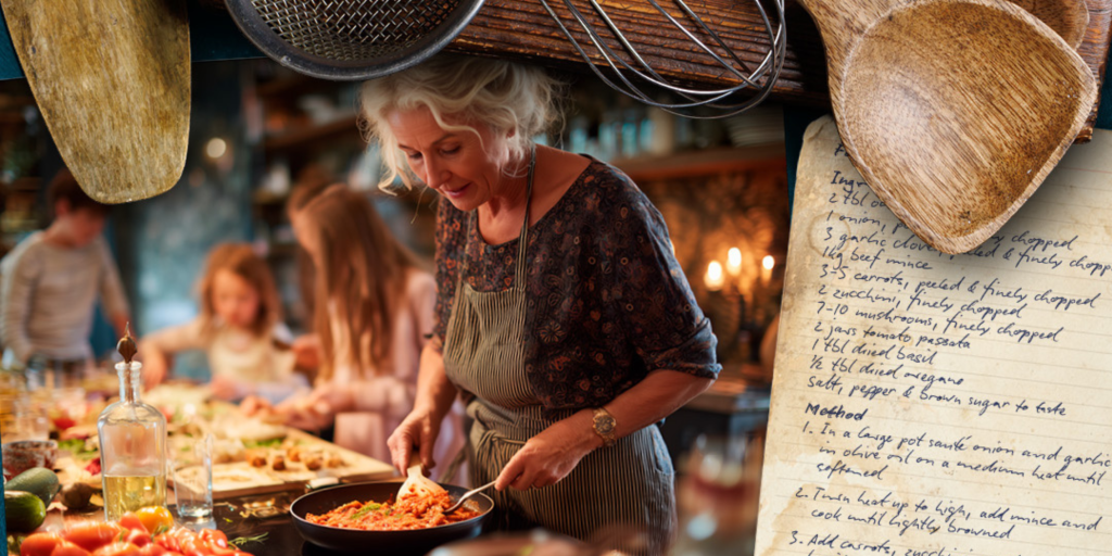 Grandma, mum and the grandkids making spaghetti in an open kitchen