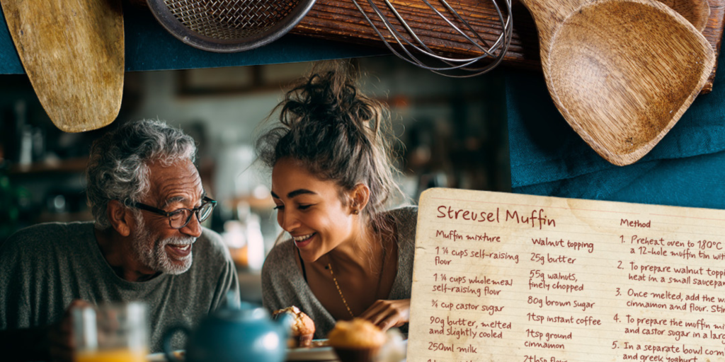 An image of an uncle and niece enjoying muffins with a blue tea pot