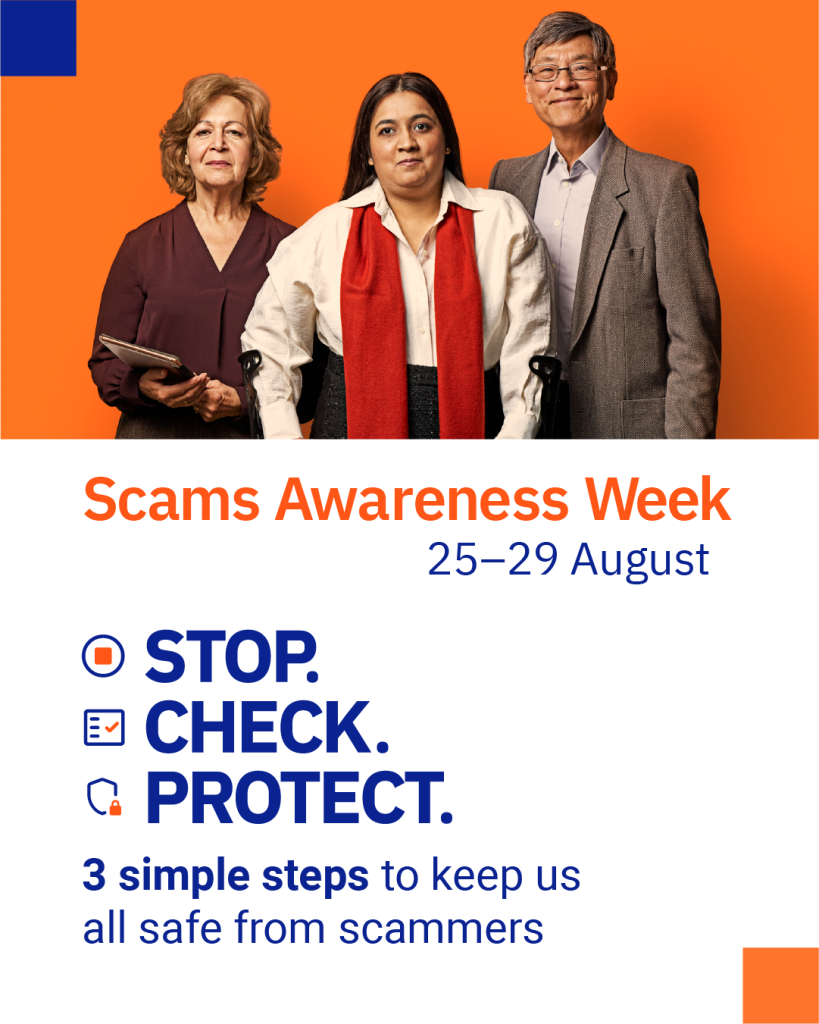 Three people looking serious with the words stop, check, protect
